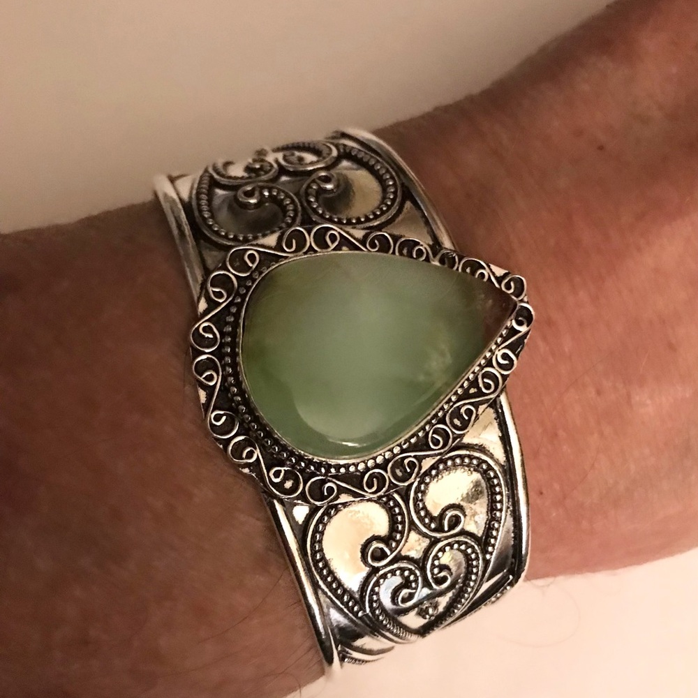 Chrysoprase Stamped Solid 925 Sterling Silver Cuff Bracelet